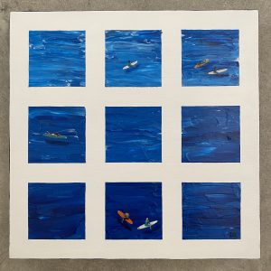 Acrylic painting of 9 separate windows of the ocean and surfers