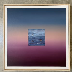 Acrylic artwork of a dusky gradient with a square of the ocean and surfers featured in the centre.