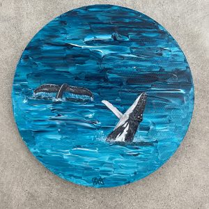 Original painting of the ocean with 2 whales jumping in and out of the water